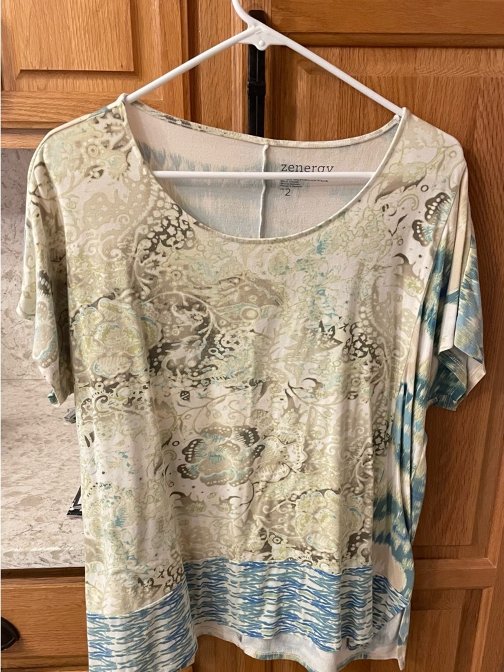 Chico's Cream, Blue and Green Printed Short Sleeve Top